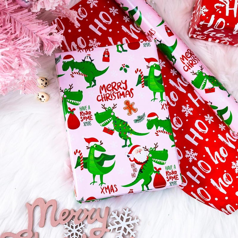 Yarcony Pink Dinosaur Christmas Wrapping Paper, Pink Gift Wrap, Funny Dinosaur and Santa Claus Dino Christmas Gift Wrapping Paper for Girls Kids women Holiday Present Packaging (17 Inch X 33 Feet) - Image 2